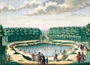 Vista del estanque hacia la parte trasera de la casa, Beckenstein, de Het Zeganpralent Kennemerlant por Hendrick de Leth y Matthias Brouerius Van Nidek, publicado c.1700-1730 de Dutch School