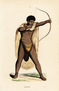 Hombre khoikhoi con capa de piel de animal, taparrabos de cuentas, con arco y flecha