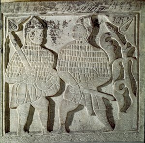 Arte Seljúcida: bajorrelieve que representa a dos guerreros. De Konya, Turquía. Siglo XIII. Museo de Arte Islámico Turco, Estambul de Dynasty Seljuq