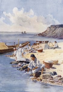 Mujeres coreanas lavando ropa en un río (litografia de color) de E.H. Fitchew