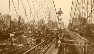 Manhattan Bajo Visto a Través de la Red de Cables en el Puente Colgante de Brooklyn, c1930 de ENA