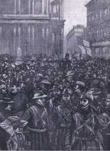 Los CIV marchando por Ludgate Hill, en camino a la Mansion House hacia la estación de Waterloo, ilustración de la Historia de Inglaterra de Cassell, 1900s de E.S. Hodgson