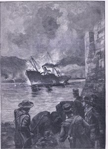La guerra hispanoamericana: El hundimiento del Merrimac, ilustración de la Historia de Inglaterra de Cassell, 1900s de E.S. Hodgson