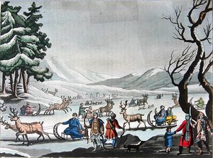 Tungus dejando su campamento de invierno en trineos tirados por renos, c.1820 de E. (after) Karnejeff