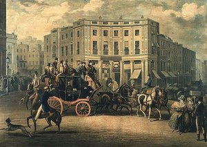 "The Age" Brighton Coach en el Bull and Mouth, Regent Circus (grabado) de E. F. Lambert