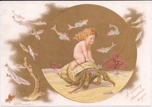 Tarjeta navideña victoriana de un cangrejo ermitaño en una concha montado por un bebé de agua rodeado por un banco de peces, por Gertude Thompson, c.1895 (litografía en color) de E. Gertrude Thompson