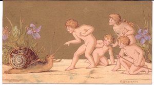Tarjeta de felicitación victoriana de cuatro hadas desnudas burlándose de un caracol sobre un fondo dorado, por Gertude Thompson, c.1895 (litografía en color)