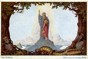 Historia. Unión de Austria y Alemania. Alegoría de E. Kutzer, Austria, c.1920 (tarjeta postal) de E. Kutzer