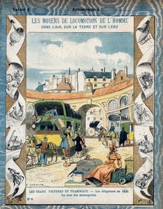 Diligencia en 1840 - la cour des messageries - Diligencia en 1840 - De una funda protectora para libros escolares, finales del siglo XIX - ilustración de E. Letellier - Protege cuaderno histórico, finales del siglo XIX