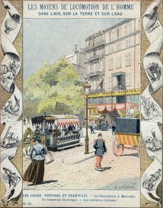 La Canebière en Marsella - el tranvía eléctrico - los coches reclaman - ilustración de E Letellier - Protege cuaderno histórico, finales del siglo XIX de E. Letellier