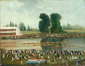 Escena de Remo: Multitudes Observando desde las Orillas del Río de E. Levy