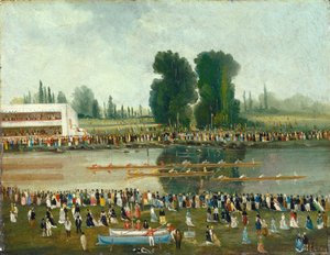 Escena de remo: Multitudes observando desde las orillas del río de E. Levy