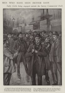 Hombres que han visto mejores días: empleados de tally siendo contratados fuera del Surrey Commercial Dock, Londres de E. S. (after) Hodgson