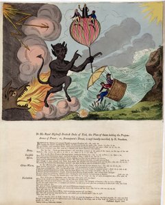 A Su Alteza Real Federico Duque de York, esta placa de Satanás sosteniendo la preponderancia del poder; o, la amenaza de Bounaparte, pub. 1803 de E. Sanders