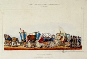 La danza de cerveceros y toneleros durante el cortejo industrial en Estrasburgo el 25/06/1840. Litografía de Simon