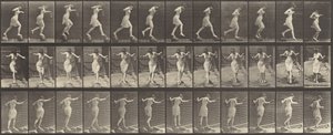 Placa número 175. Cruzando el arroyo sobre piedras con una caña de pescar y una lata, 1887 de Eadweard Muybridge