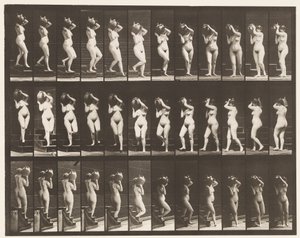 Placa 147. Bajando escaleras; girando una jarra de agua en el hombro derecho de Eadweard Muybridge