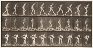 Placa 177. Cruzando un arroyo sobre piedras con caña de pescar y cesta de Eadweard Muybridge