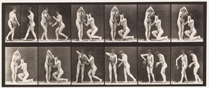 Placa 452. Dos modelos, uno se arrodilla, bebe de un jarro de agua en las manos, 1872-1885 de Eadweard Muybridge