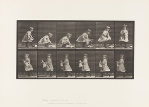 Placa 481. Niño, levantando una muñeca, girando y caminando, 1885 de Eadweard Muybridge