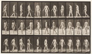 Placa 51. Caminando y girando, usando una regadera de Eadweard Muybridge