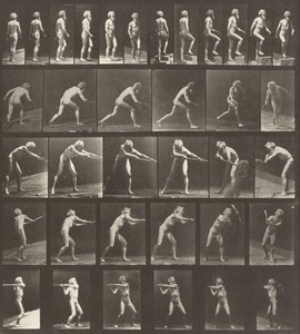 Placa número 521. A: Caminando. B: Subiendo un escalón. C: Lanzando el disco. D: Usando una pala. E, F: Usando un pico de Eadweard Muybridge