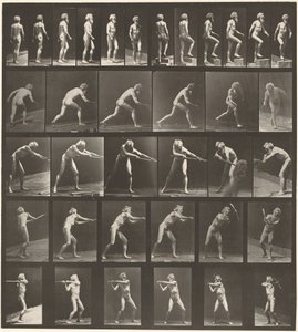 Placa número 521. A: Caminando. B: Subiendo escalón. C: Lanzando disco. D: Usando pala. E, F. Usando pico,1887 (foto) de Eadweard Muybridge