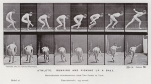 La figura humana en movimiento: Atleta, corriendo y recogiendo una pelota de Eadweard Muybridge