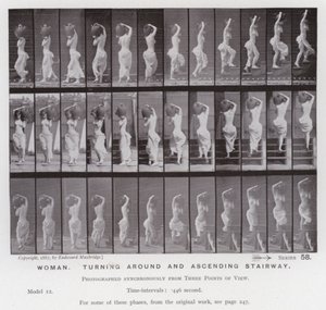 La Figura Humana en Movimiento: Mujer, girando y subiendo escalera de Eadweard Muybridge