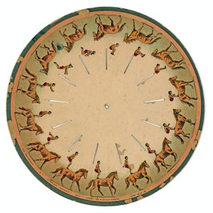 Disco de zoopraxiscopio mostrando un acróbata realizando un salto mortal a caballo, 1893
