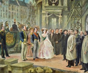 Barón Georges-Eugene Haussmann (1809-91) Napoleón III (1808-73) y la Emperatriz Eugenia (1826-1920) visitando a los trabajadores en la Ópera de Ed. Gilis