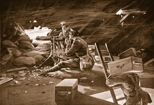 El cabo Windell rompiendo el ataque del enemigo con el fuego de su ametralladora desde el techo de una casa cerca de Neuve Chapelle de Edgar Alfred Holloway