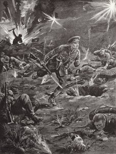El Teniente Benjamin Geary apresurándose, bajo intenso fuego de artillería, a una trinchera a la derecha de la Colina 60 para ponerse en contacto con un oficial, Ypres, Bélgica, abril de 1915 de Edgar Alfred Holloway