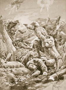 Soldado (Actuando como cabo) L. Clarke, solo, manteniendo a raya a un grupo de alemanes durante un contraataque