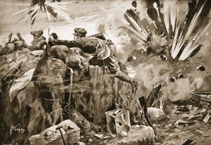 El soldado Jewson saliendo de su trinchera bajo un intenso fuego de artillería para rescatar a los heridos y traer a los muertos de Edgar Alfred Holloway