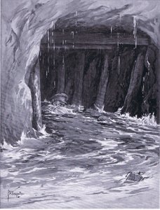 El segundo cabo Collier luchando por salir de una galería de minas casi llena de agua después de completar su trabajo (DCM) de Edgar Alfred Holloway