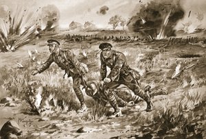 El sargento Gannon asistiendo al ordenanza de un oficial para traer a su maestro herido bajo un fuego muy intenso de Edgar Alfred Holloway