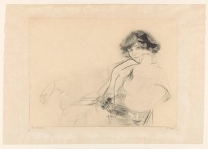 Mujer joven con un moño en el pelo sentada en una silla de Edgar Chahine (signed by artist)