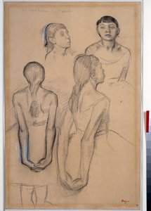 4 estudios de jóvenes bailarinas. Dibujo a tiza y carbón de Edgar Degas