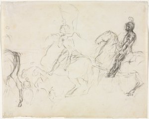 Escena de batalla con figuras armadas a caballo (recto)