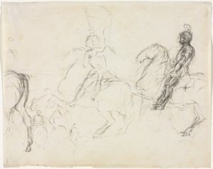Escena de batalla con figuras armadas a caballo (anverso) Dos mujeres sentadas (reverso)