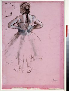 Bailarina de espaldas, manos en las caderas. Esencia sobre papel rosa de Edgar Degas (1834-1917) 1873