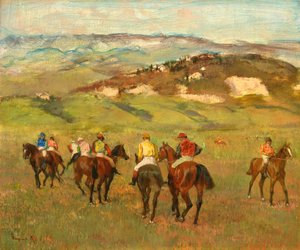 Jinetes a caballo ante colinas distantes de Edgar Degas