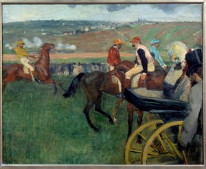 El hipódromo, jinetes aficionados cerca de un coche de Edgar Degas