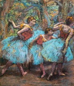 Tres bailarinas (faldas azules, corsés rojos) de Edgar Degas