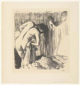 Una mujer se seca después del baño y su esposa le entrega la ropa
La Sortie du bain de Edgar Degas