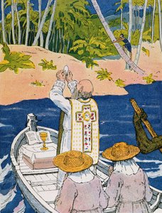 Misa en la laguna", ilustración de "A la Conquete du Monde Paien" de Georges Goyau (1869-1939) 1933 (litografía en color)