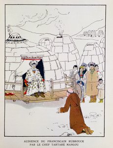 Guillermo Rubruck (c.1200-c.1256) ante el jefe tártaro Mangu en 1251, de "A la Conquete du Monde Paien" de Georges Goyau (1869-1939) 1933 (litografía en color)