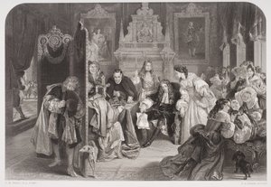 Jacobo II (1633-1701) recibiendo noticias del desembarco del Príncipe de Orange, grabado por F.A. Heath