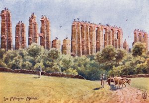 Norte de España: Mérida, "Los Milagros", las ruinas del Gran Acueducto (litografía en color)